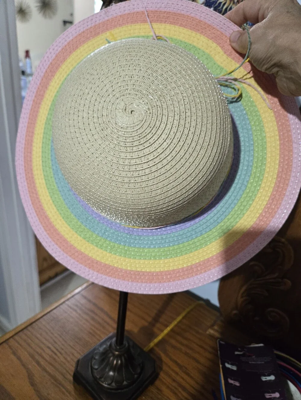 Rainbow Brim Sun Hat - Beige with Pastel Rainbow